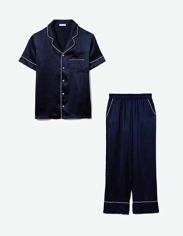 ペア展開あり】メンズシルクパジャマ半袖＆ロングパンツ/セット