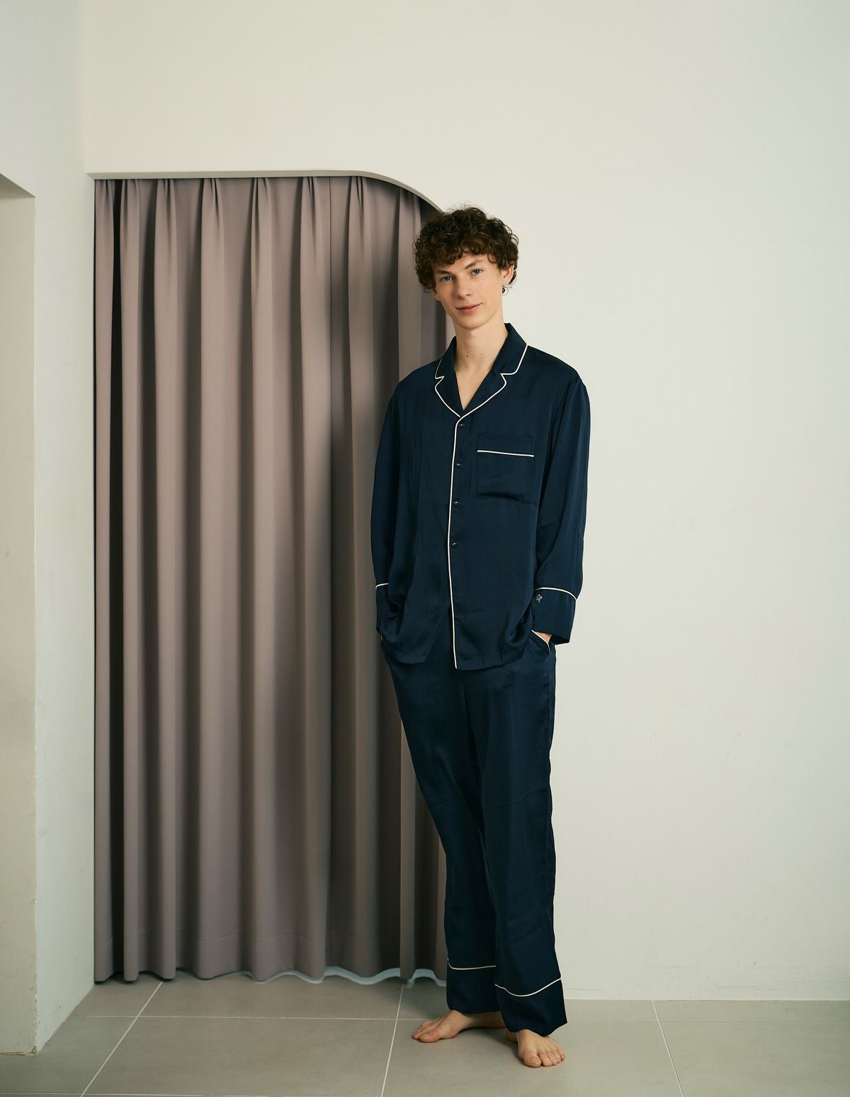 ペア展開あり】メンズヴィンテージサテンパジャマ長袖ロングパンツ